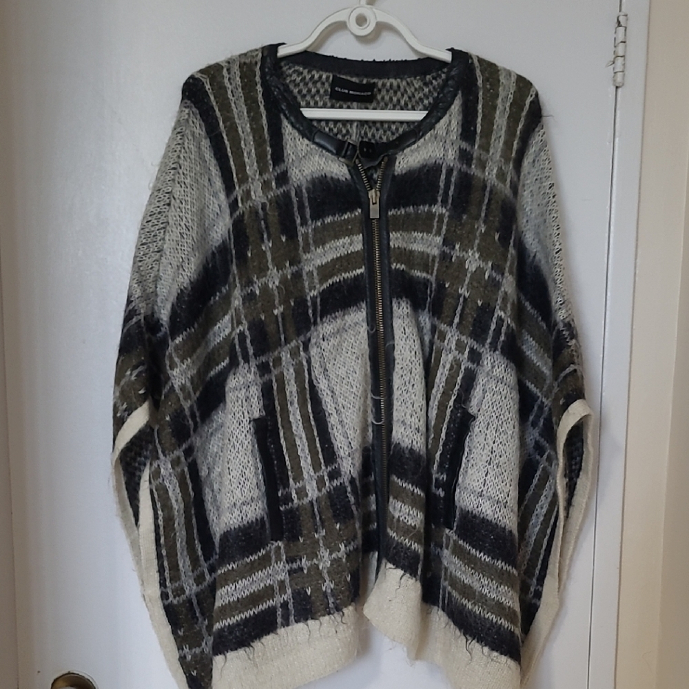 Club Monaco Black and Cream Plaid 45% Mohair Poncho